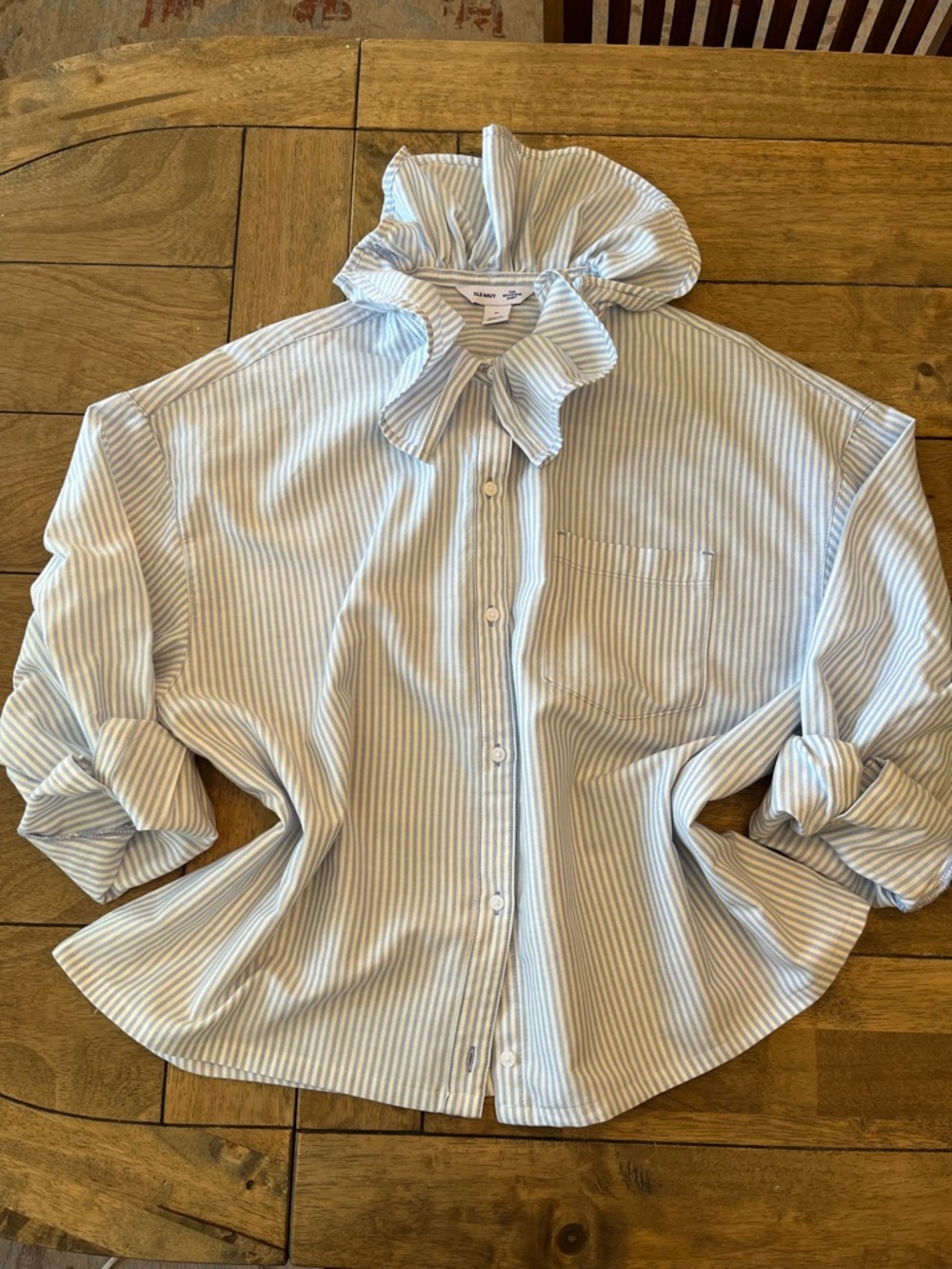 Up-Cycled Boyfriend Fit Light Blue Striped Ruffled Collar Shirt - Woman’s